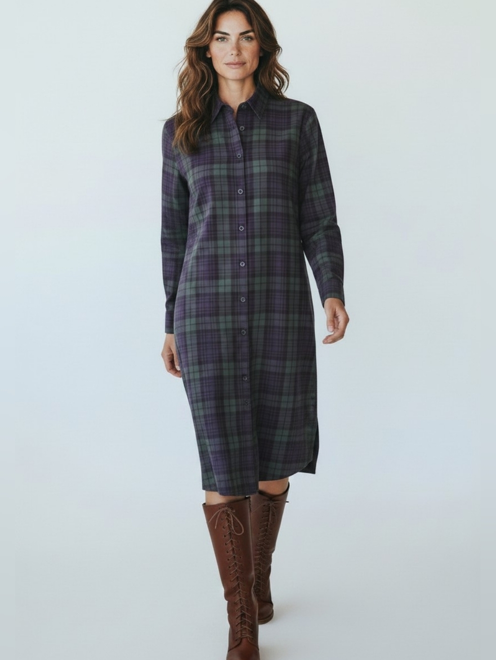 Brooks Brothers Red Fleece Navy and Green Plaid Button-Down Cotton Shirt Dress 2